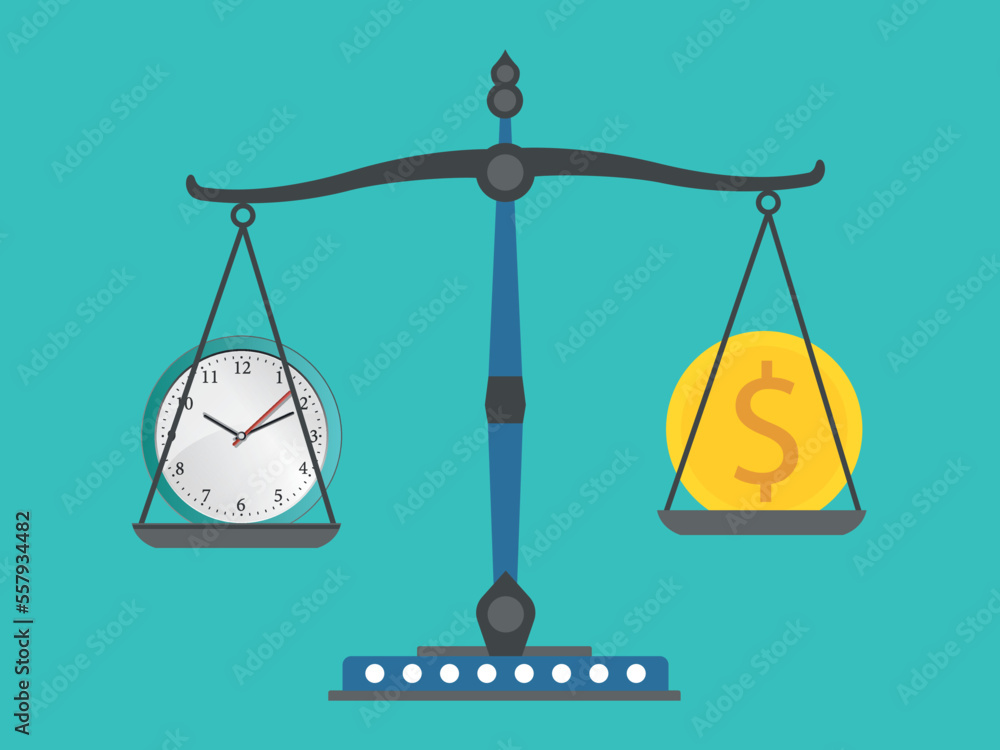 Time is money. Time equal to money. Scales icon in flat style. Libra ...