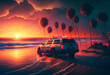 Police car on sea beach, near palm trees
