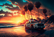 Police Car On Sea Beach, Near Palm Trees