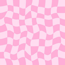 Twisted Checkered Colorful Background. Abstract Vector Seamless Pattern. Retro Wavy Psychedelic Checkerboard. Pink Colors