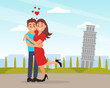 Romantic couple having journey and sightseeing in Pisa. Happy loving couple having in park, red hearts flying over them cartoon vecto