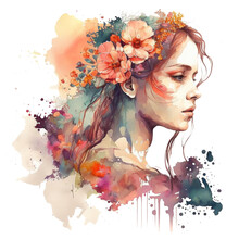 Watercolor Young Woman With Flowers Portrait Art