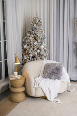 Wall Mural - Christmas decor. Bright interior of living room with decorated Christmas tree