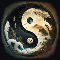 Wall Mural -  a painting of a yin - yang symbol with a mountain in the background and waves in the foreground. Generative AI