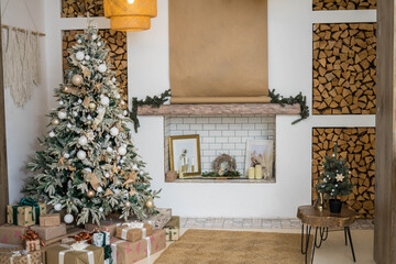 Wall Mural - Christmas decor. Bright interior of living room with decorated Christmas tree