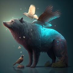 Poster -  a bear and a bird are standing on a hill with stars and a moon in the sky above it. Generative AI