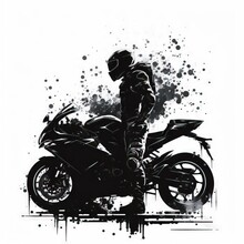  A Black And White Photo Of A Person On A Motorcycle With Paint Splatters On It's Back And A Helmet On His Head And A Helmet On His Back.