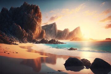 Canvas Print -  a painting of a beach with rocks and a mountain in the background with a sun setting in the sky over the water and the beach with rocks in the water and sand on the ground. Generative AI