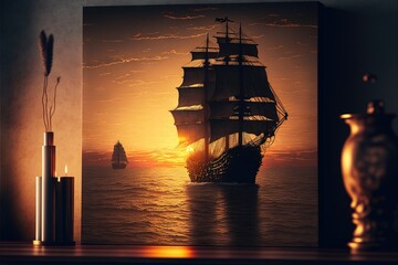 Wall Mural -  a painting of a sailing ship in the ocean at sunset with a vase and vase on the table in front of the picture is a vase with a candle and a vase with a vase. Generative AI