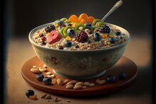  A Painting Of A Bowl Of Cereal With Fruit And Nuts On A Plate With A Spoon In The Bowl And A Spoon In The Bowl Of Cereal On A Plate With A Spoon In The Bowl.