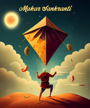 Illustration Of Happy Makar Sankranti With Colorful Kite String For Festival Of India. Generating Ai.