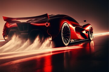 Wall Mural -  a red sports car driving on a road with a lot of smoke coming out of the back of it's tires and tail lights on a dark background with a red streak of light. Generative AI