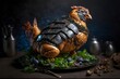  Illustration of a roast chicken in steel armor, served on a tray with fruit and decorative vegetables. Food photography. Generative AI illustration. Creative digital food art.