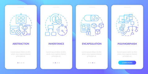 Object oriented programming basic rules blue gradient onboarding mobile app screen. Walkthrough 4 steps instruction with linear concepts. UI, UX, GUI template. Myriad Pro-Bold, Regular fonts used