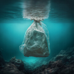 Sticker - Plastic bag under the sea. Pollution and plastic garbage concept. Generative AI.