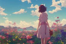 Anime Girl In A Field In Beautiful Area.
