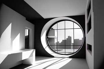 Sticker - Abstract multilevel public space interior in white and black with a window. Generative AI