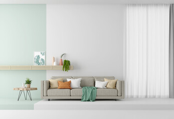 White living room minimal style with curtain and green wall.3d rendering