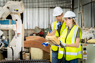 A team of male and female engineers meeting to inspect computer-controlled steel welding robots. Plan for rehearsals and installation for use.