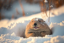 Snowy Groundhog Day Adorably Celebrated By Cute Smiling Groundhog Crawling Out Of Hole.