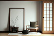 Japanese wooden armchair and partition in a room with a tatami mat floor and a white wall. Generative AI