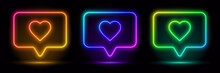 Set Of Blue, Red-purple, Green Illuminate Frame Design. Abstract Cosmic Vibrant Color Neon Heart Icon Backdrop. Collection Of Glowing Neon Lighting On Dark Background. Notification In Social Media
