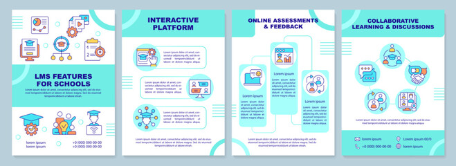LMS features for school green brochure template. Leaflet design with linear icons. Editable 4 vector layouts for presentation, annual reports. Arial-Black, Myriad Pro-Regular fonts used