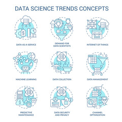 Sticker - Data science trends turquoise concept icons set. Technology development analytics idea thin line color illustrations. Isolated symbols. Editable stroke. Roboto-Medium, Myriad Pro-Bold fonts used