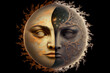 Moon and sun faces, day and night, duality concept