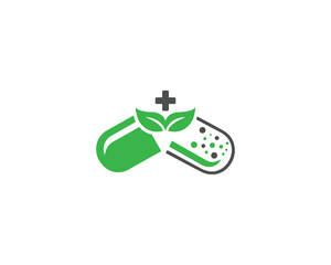 Creative Herbal Capsule With Green Leaf Medical Plus Logo Design Icon Vector Template.