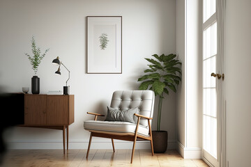 Wall Mural - A contemporary mid century and minimalist living room with a leather armchair and table against a white wall and wood floor. Generative AI