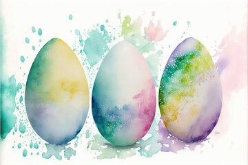 Poster - three watercolor eggs sitting next to each other on a white surface with a splash of paint on the side of the egg.