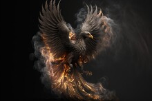  A Large Bird With A Lot Of Fire And Smoke Around It's Wings And Wings Spread Out, On A Black Background, With A Black Background With White Smoke And Yellow And Orange Accents.