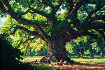 Canvas Print -  a painting of a large tree in the middle of a park with a lot of green trees in the background and a dirt path leading to the center of the tree trunk and a grassy area. Generative AI