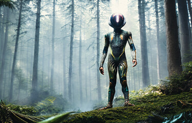 Wall Mural - closeup of extraterrestrial alien in very detailed blue green skin looking suit and black glass helmet standing in forest as background, generative AI