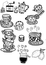 This Set Is A Tea And Coffee Lover's Paradise. There Are Different Cups, Saucers, A Brewer, Grinder, Lemons, And Coffee Beans In It. All Items Are Drawn With Thin Black Lines On A White Background