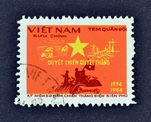 Cancelled Postage Stamp Printed By Vietnam, That Shows 30th Anniversary Of Victory At Dien Bien Phu, Circa 1984.