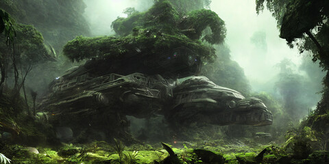  Ancient crashed space ship debris in jungle. Science fiction illustration created with help of generative AI