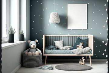 Wall Mural - Scandinavian style cozy nursery background with mock up of a wall. Generative AI