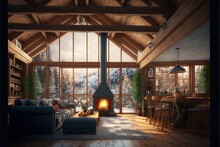 A Living Room With A Fireplace And A Couch In Front Of A Large Window With A View Of A Snowy Forest Outside The Window Generative AI