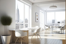 Office Space In White And Wood With Multiple Seats And Parquet Flooring, Side View. A Waiting Area With A White Table And White Seats By A Window With A View Of The City, With No People There