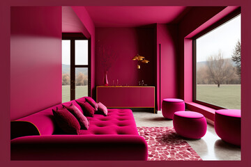 The luxury living color of 2023 is viva magenta. A prototype painted in the color crimson red burgundy for an art wall. Interior house room design template. Carmine as an accent. Generative AI