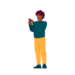 Black Man With Mobile Phone, Cellphone Communication Concept. Cheerful Male Character Scroll Through Messages