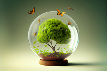 Wall Mural - green planet concept - green tree in shell with butterflies and greenery around