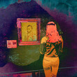 Ilustracja grafika młoda dziewczyna stoi przed portretem obrazem olejnym oprawionym w bogatą ramę.