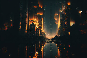 Wall Mural - Futuristic cyberpunk city in dark colors. Concept of science fiction in the city center at night with whimsical houses, castles. Gen Art	