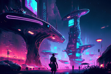 Wall Mural - Futuristic neon cyberpunk city with the silhouette of an alien hero. Downtown sci-fi concept at night with skyscraper, highway and billboards. Gen Art