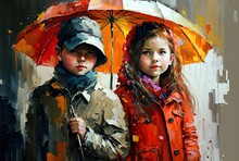 Oil Painting Style Illustration Of A Sweet Couple Dating At Beautiful Park During Spring Rain Under Same Umbrella