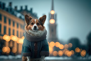 Wall Mural - illustration of cute winter season puppy dog fashion portrait close-up shot with cityscape background 