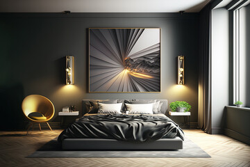 Poster - A modern room with stylish decor and a comfortable bed. Generative AI